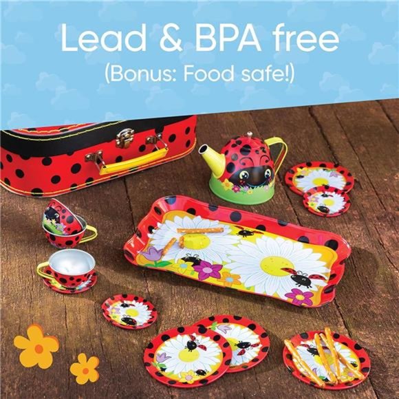 15-Piece Ladybug-Themed Pretend-Play Tin Tea Set,Includes Teapot,4 Plates,4 Cups - Picture 7 of 7